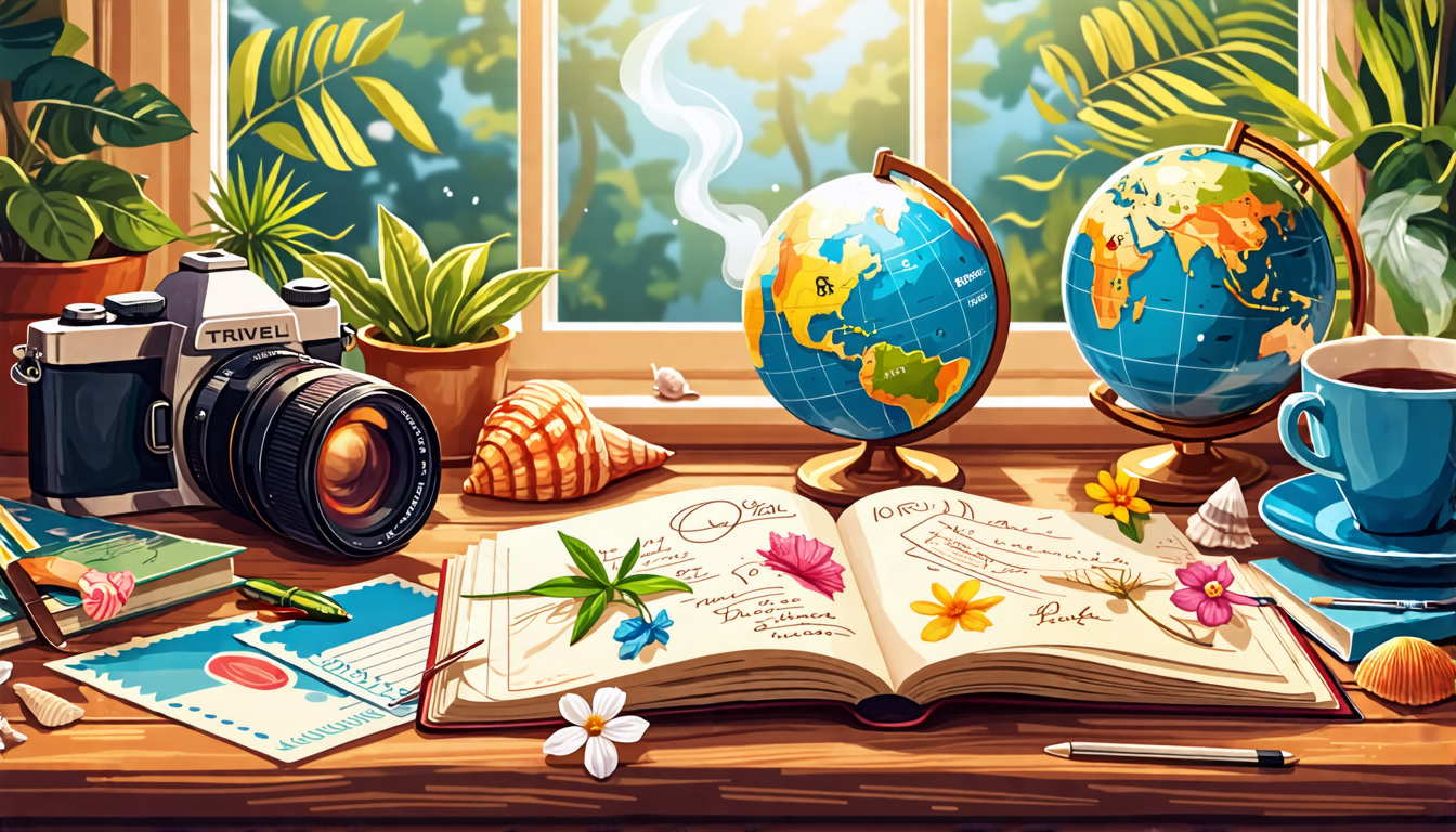A cozy illustration of an open travel journal on a wooden table, surrounded by eclectic souvenirs like postcards, seashells, and a small globe. The journal