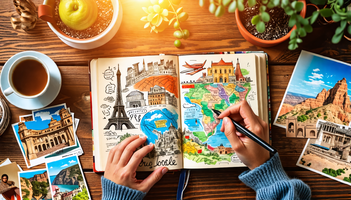 Create an image of a person sitting at a cozy café table, surrounded by travel memorabilia such as postcards, maps, and souvenirs. The person is writing in