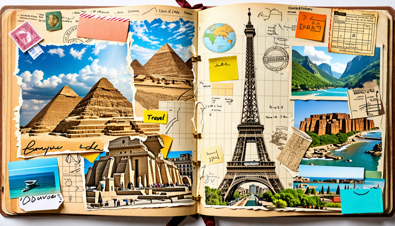 Create an imaginative and vibrant collage of 10 different travel destinations depicted in a travel journal style. Each destination should uniquely represen