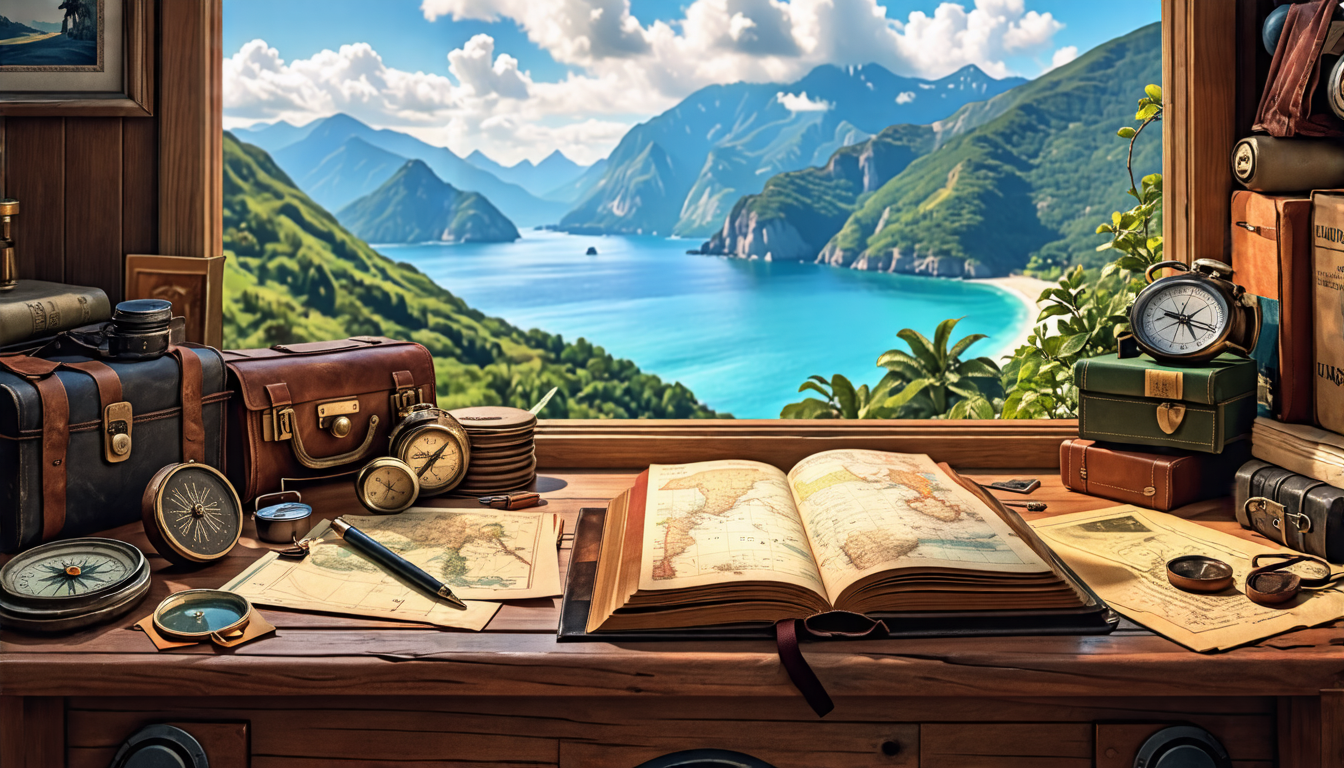 Create an image depicting a cozy, rustic scene where a person is sitting at a wooden desk surrounded by travel memorabilia such as maps, postcards, and sou