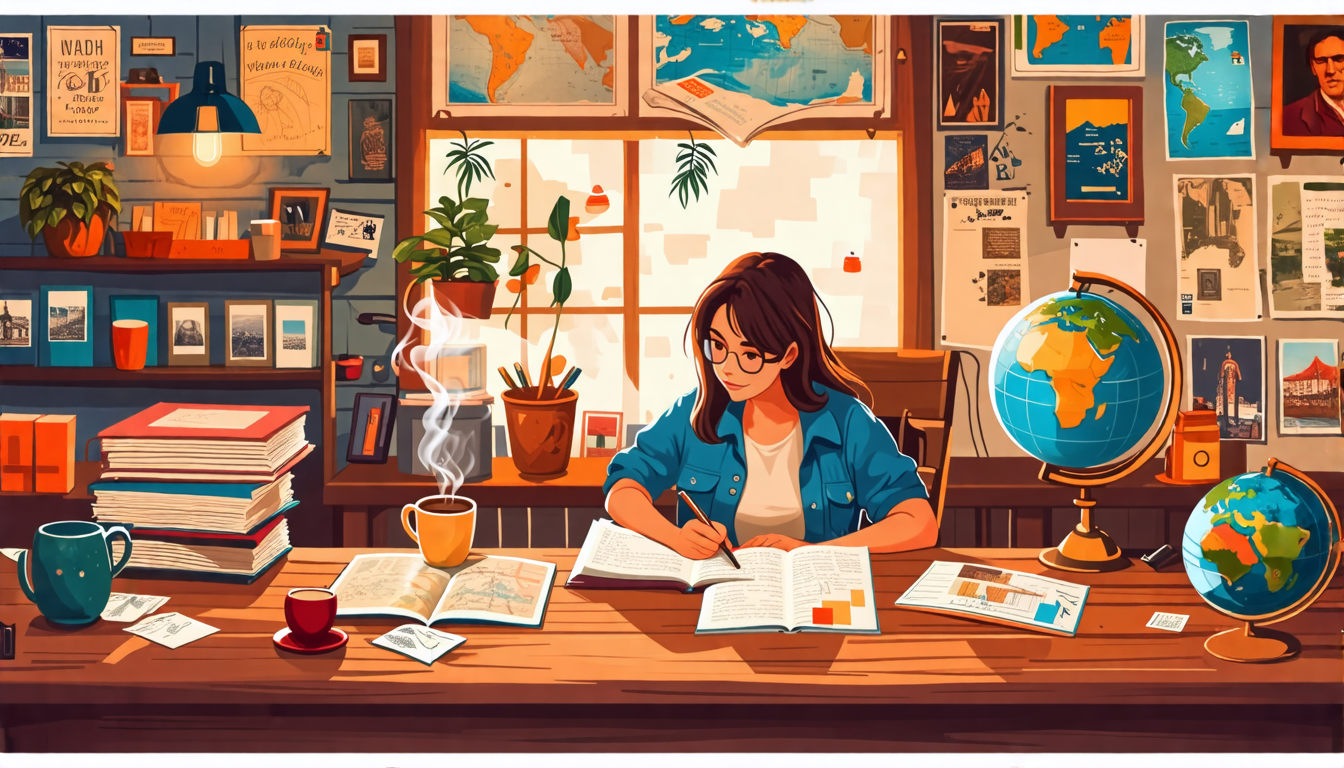 A cozy coffee shop setting with a travel enthusiast sitting at a wooden table, surrounded by travel journals, maps, postcards, and a vintage globe. They're