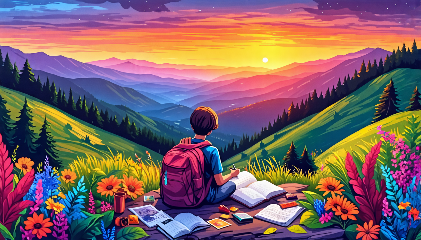 A serene image of a traveler sitting on a mountainside, surrounded by breathtaking landscapes, with a journal open on their lap. The scene includes vibrant